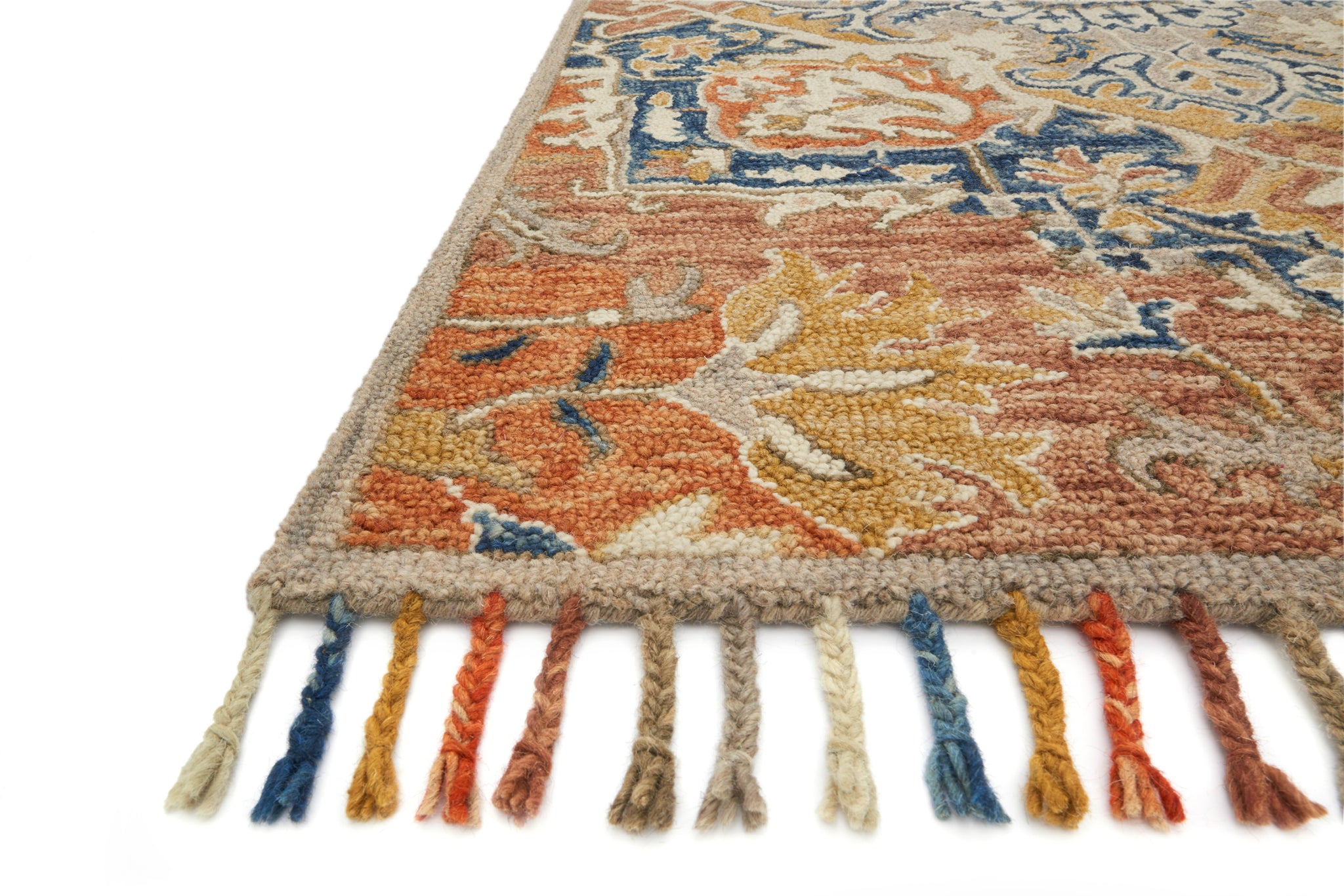 angle view of Zharah Rust / Blue luxury Rug