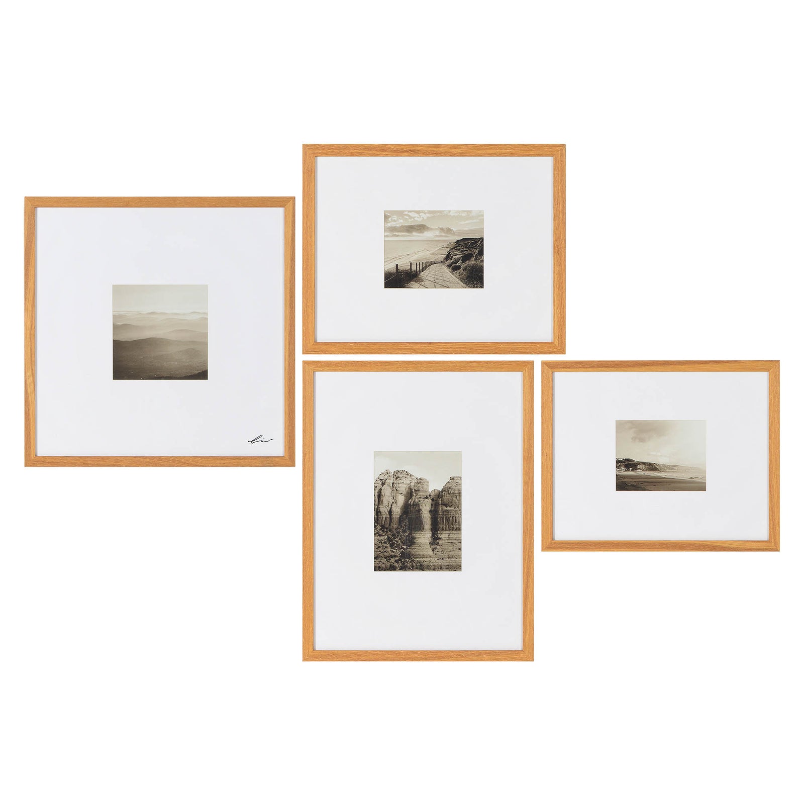 Torreys Wall Art featuring four framed black and white landscape images with wooden frames.