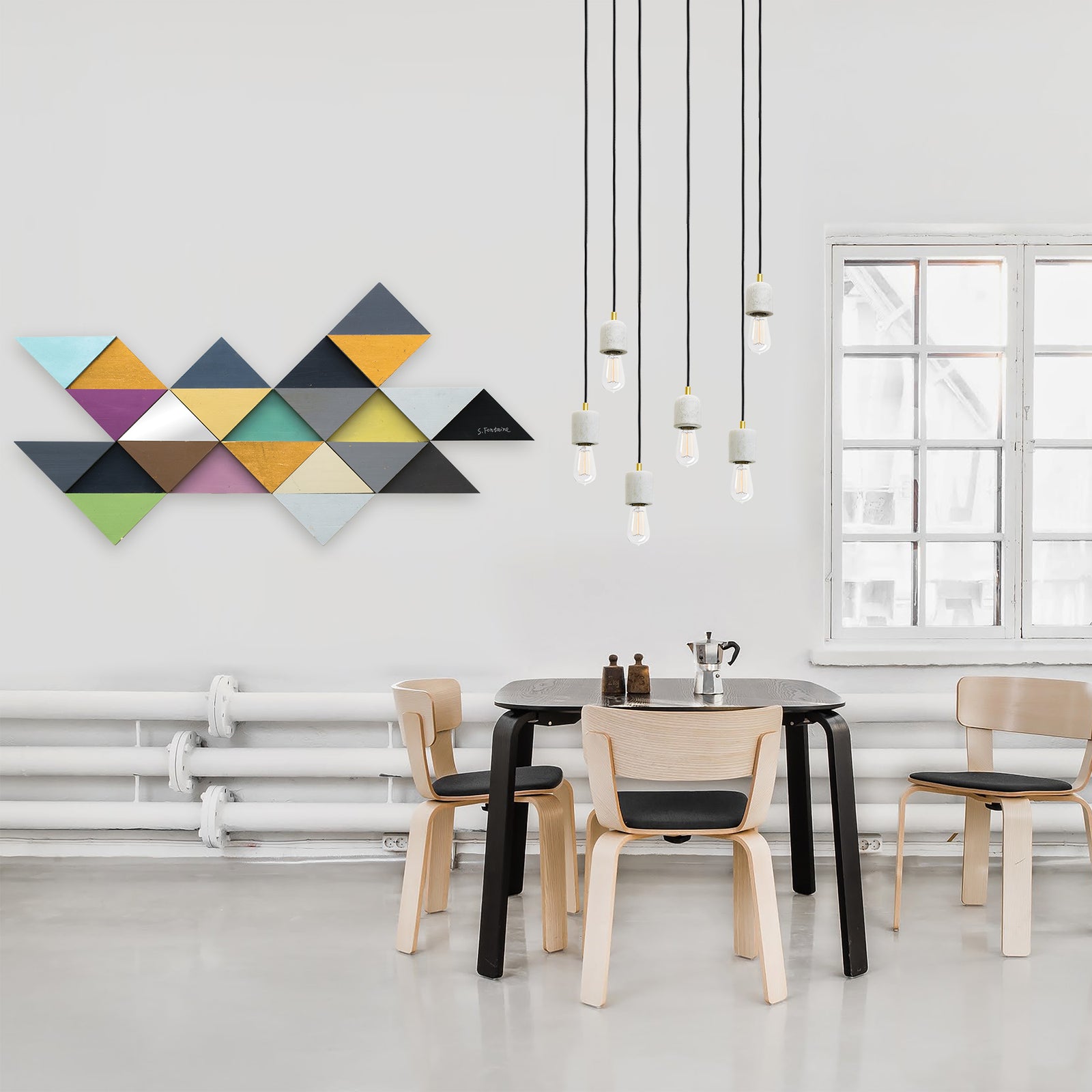 Tremulous Triangle Wall Decor featuring colorful geometric triangles in various shades.