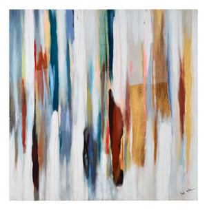 Harmon Wall Art featuring abstract colors in blue, gold, and red on a white background.