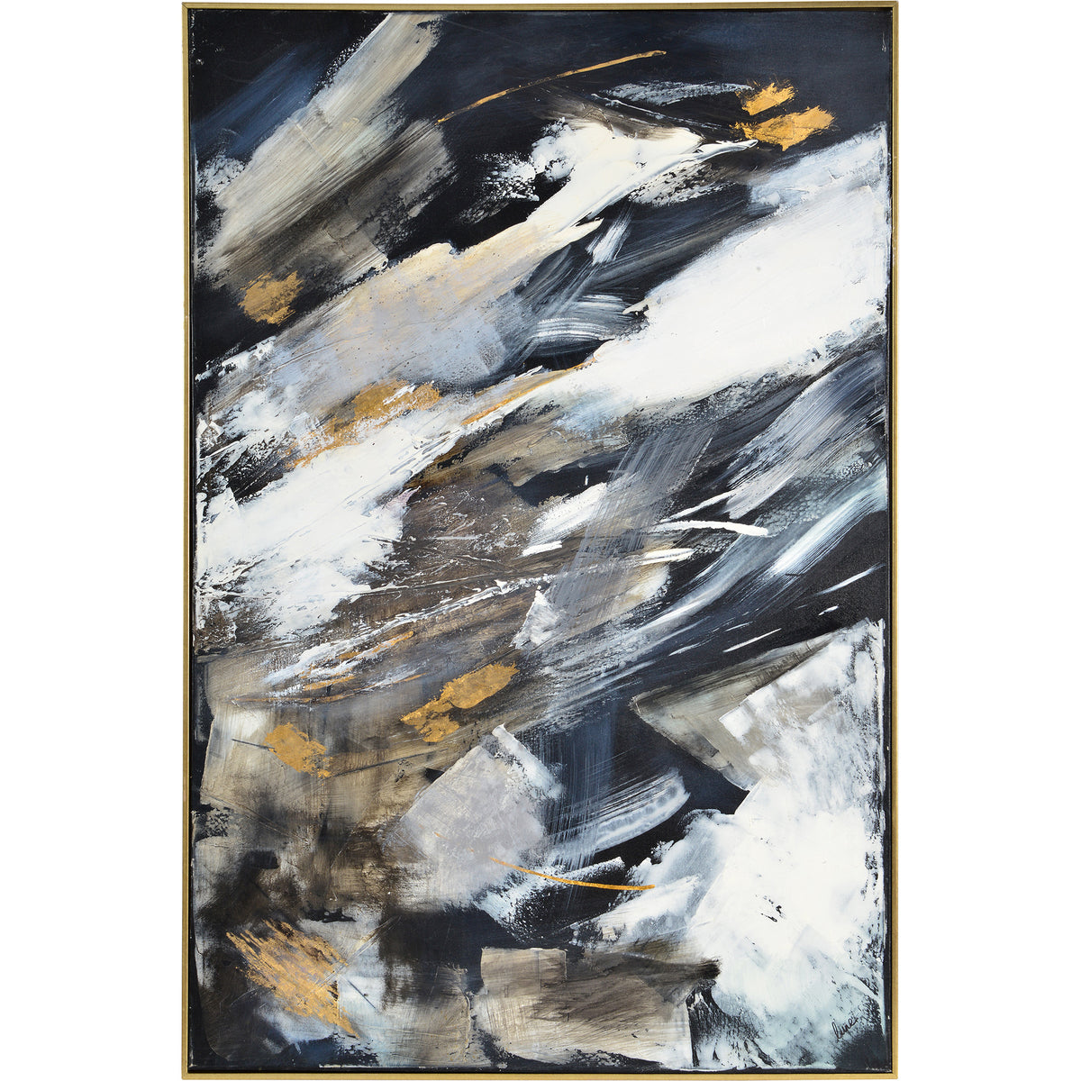 Westmount canvas art featuring abstract brush strokes in black, white, and gold.