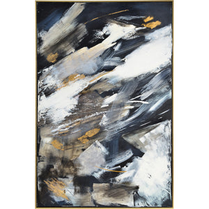 Westmount canvas art featuring abstract brush strokes in black, white, and gold.