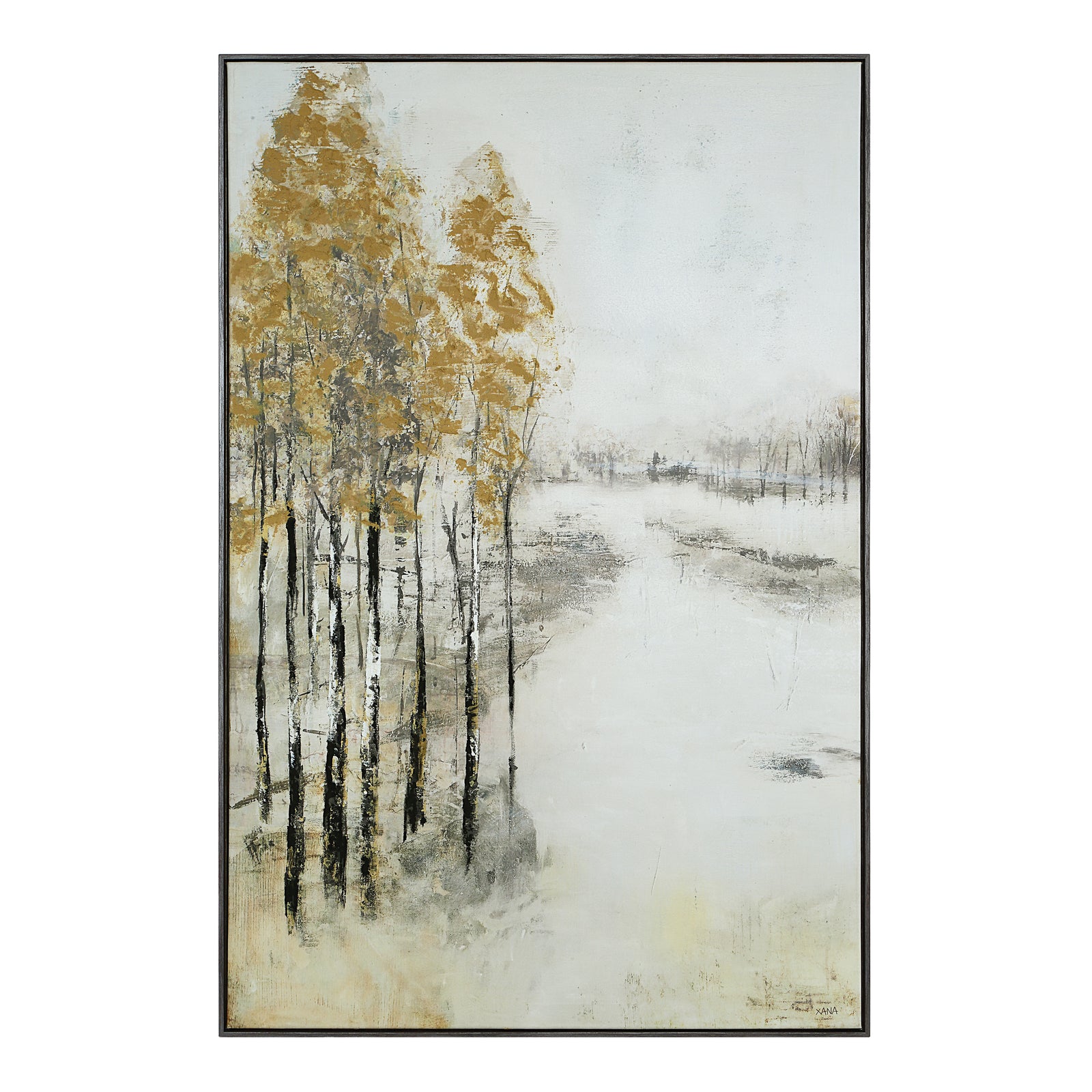 Illia canvas art featuring tall trees with golden leaves against a muted background.