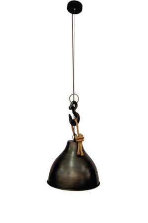 Maturin lighting fixture with a black metal shade and rope detail, hanging from the ceiling.