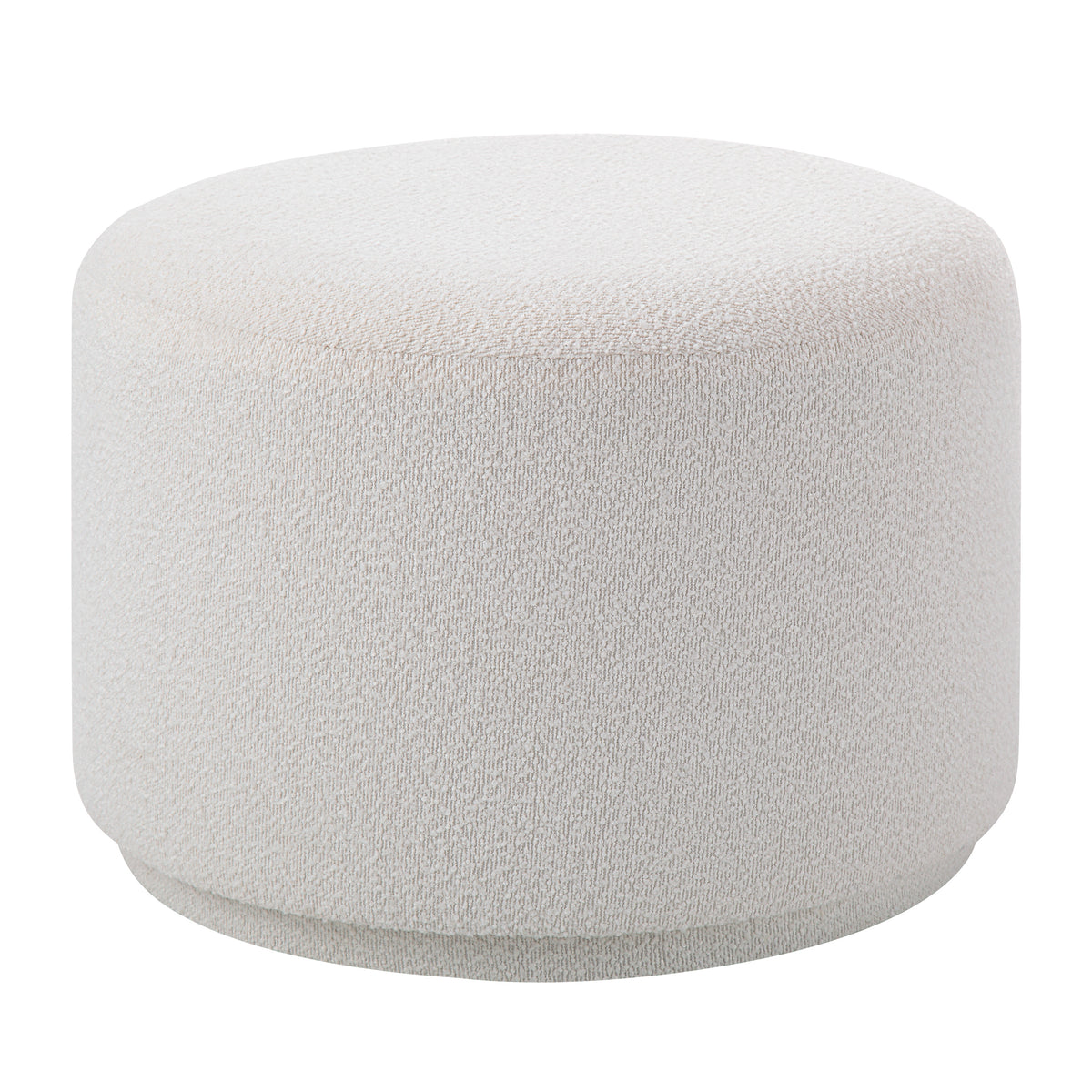 Audrina Ottoman in soft white fabric with textured surface, round shape, side view