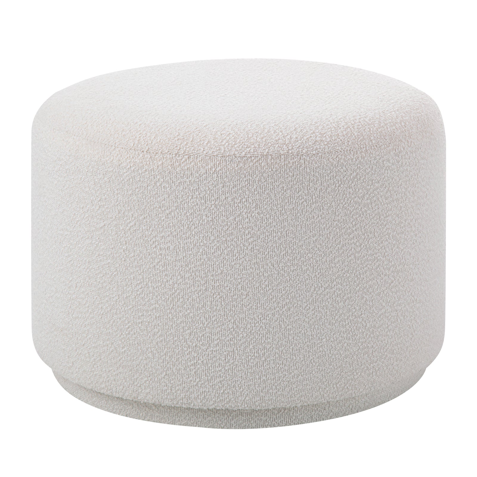 Audrina Ottoman in soft white fabric with textured surface, round shape, side view