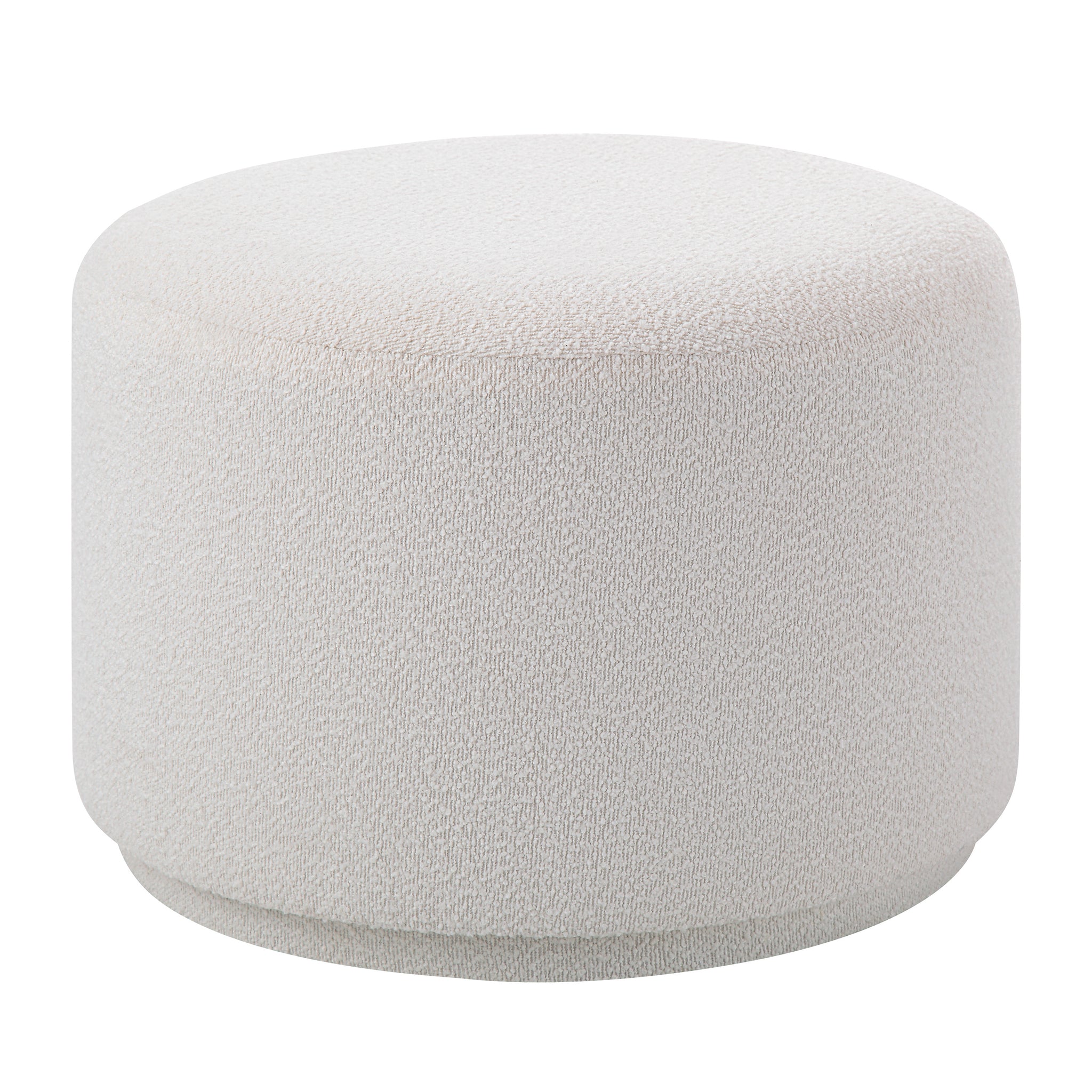 Audrina Ottoman in soft white fabric with textured surface, round shape, side view