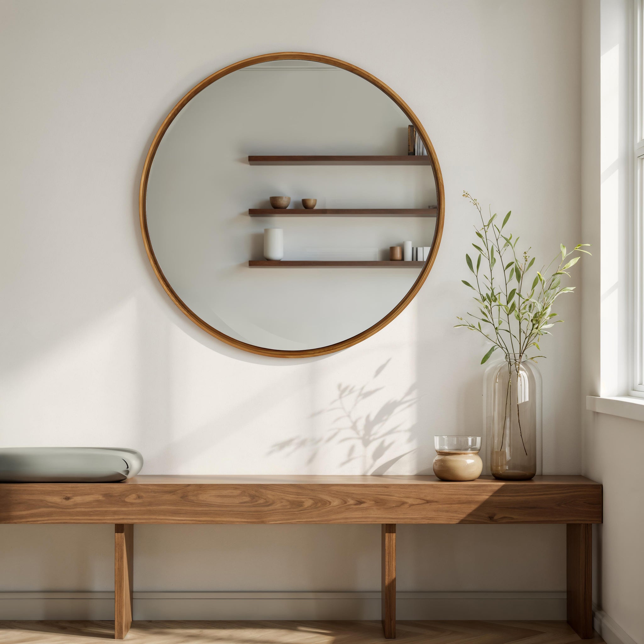 Canna mirror mounted on a wall above a wooden bench, with decorative items and natural light.