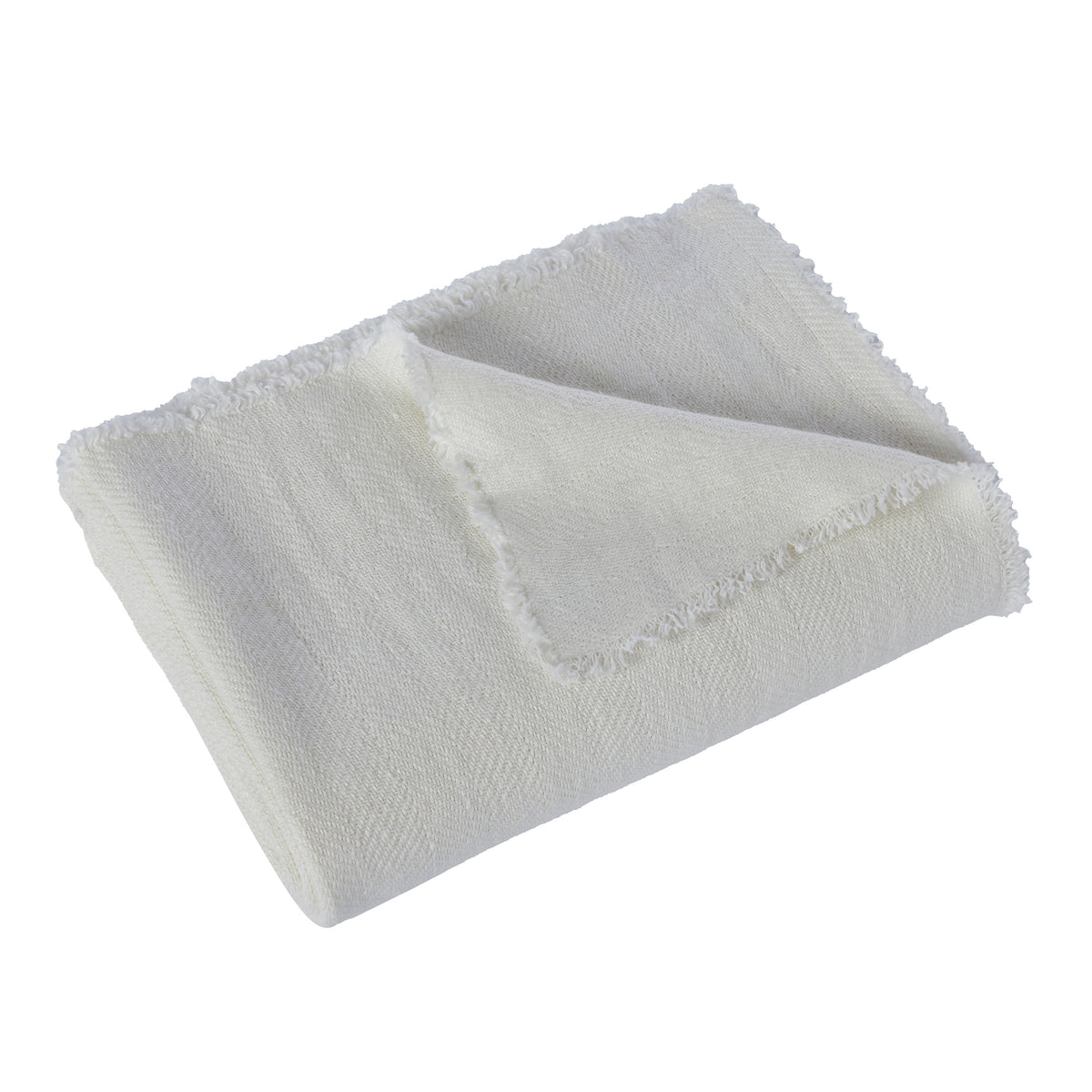 Ragusa Throw in soft white, featuring a textured weave and fringed edges, folded neatly.