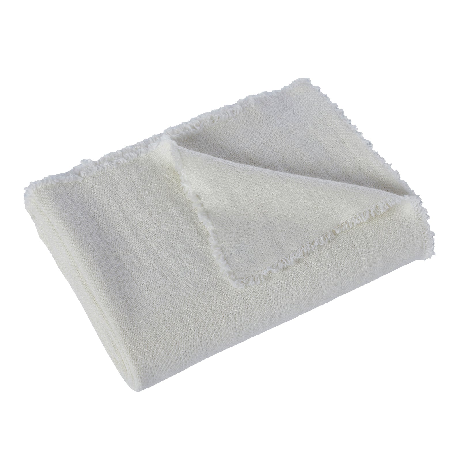 Ragusa Throw in soft white, featuring a textured weave and fringed edges, folded neatly.