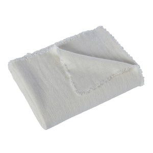 Ragusa Throw in soft white, featuring a textured weave and fringed edges, folded neatly.