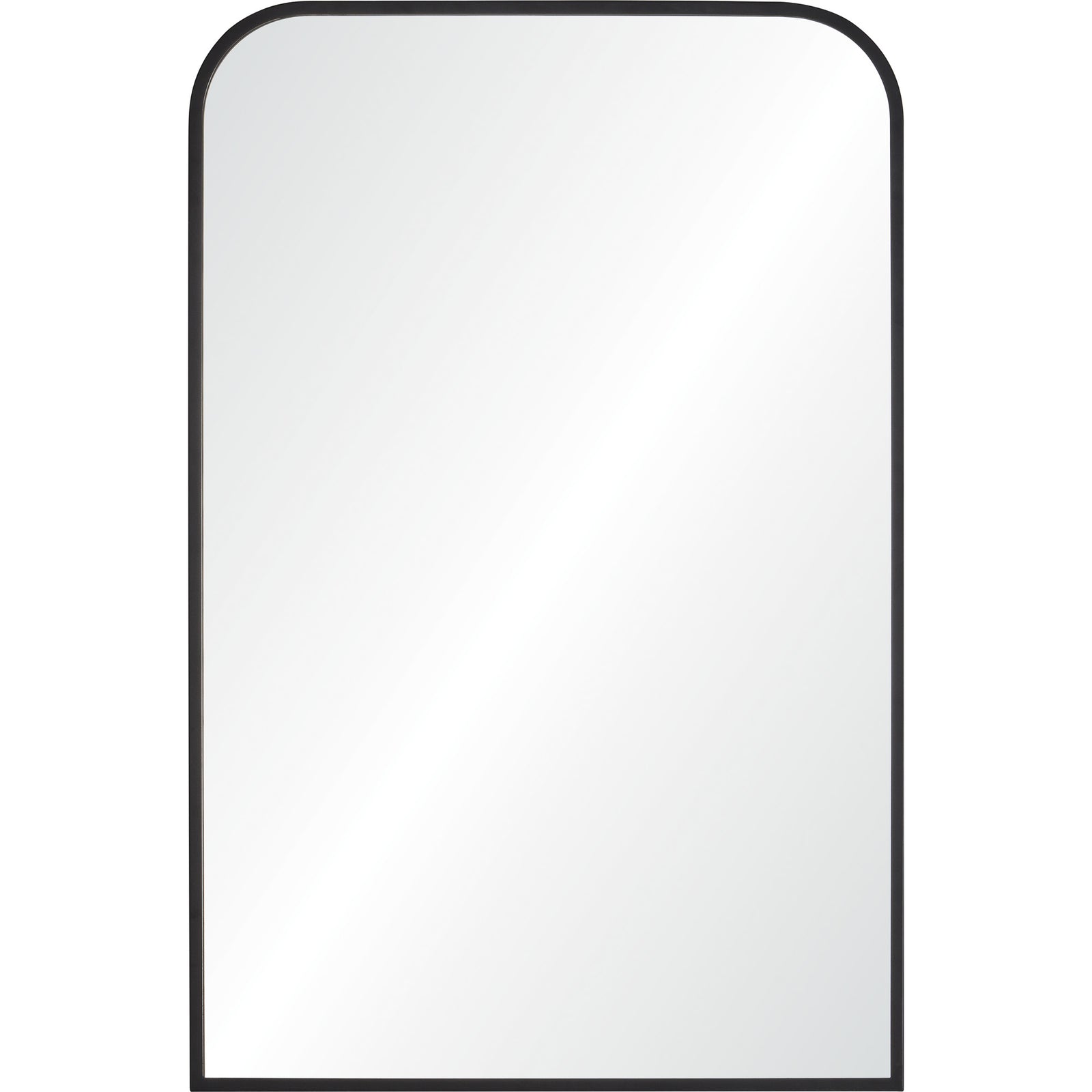 Jackline Wall Mirror with rounded top, black frame, and clear reflective surface, front view.