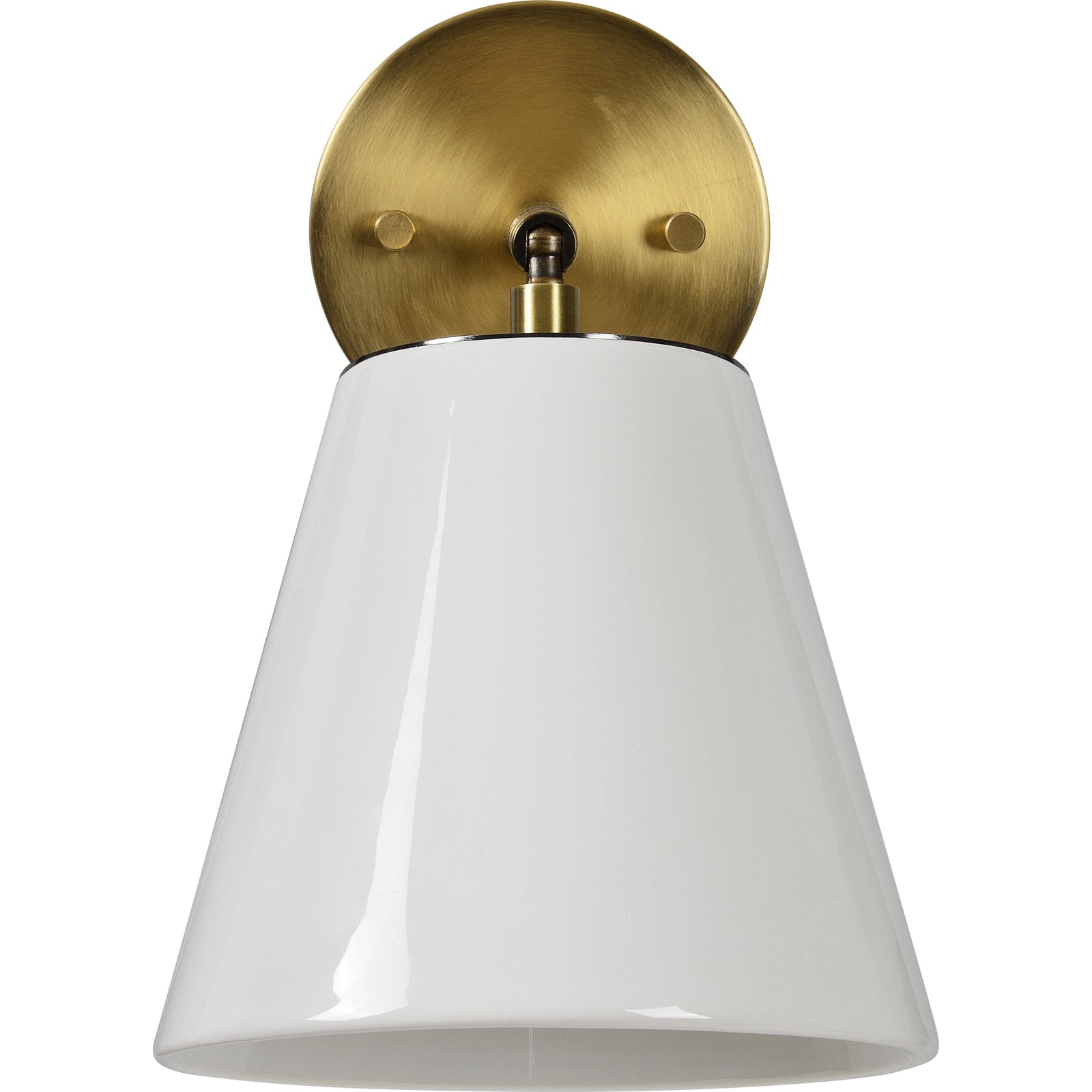 Kai Wall Sconce with a white ceramic shade and brass arm, angled view.