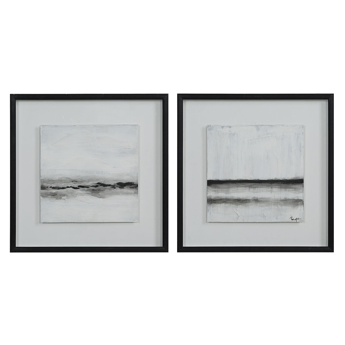 Tangelo wall art by Renwil featuring two black and white abstract paintings in frames.