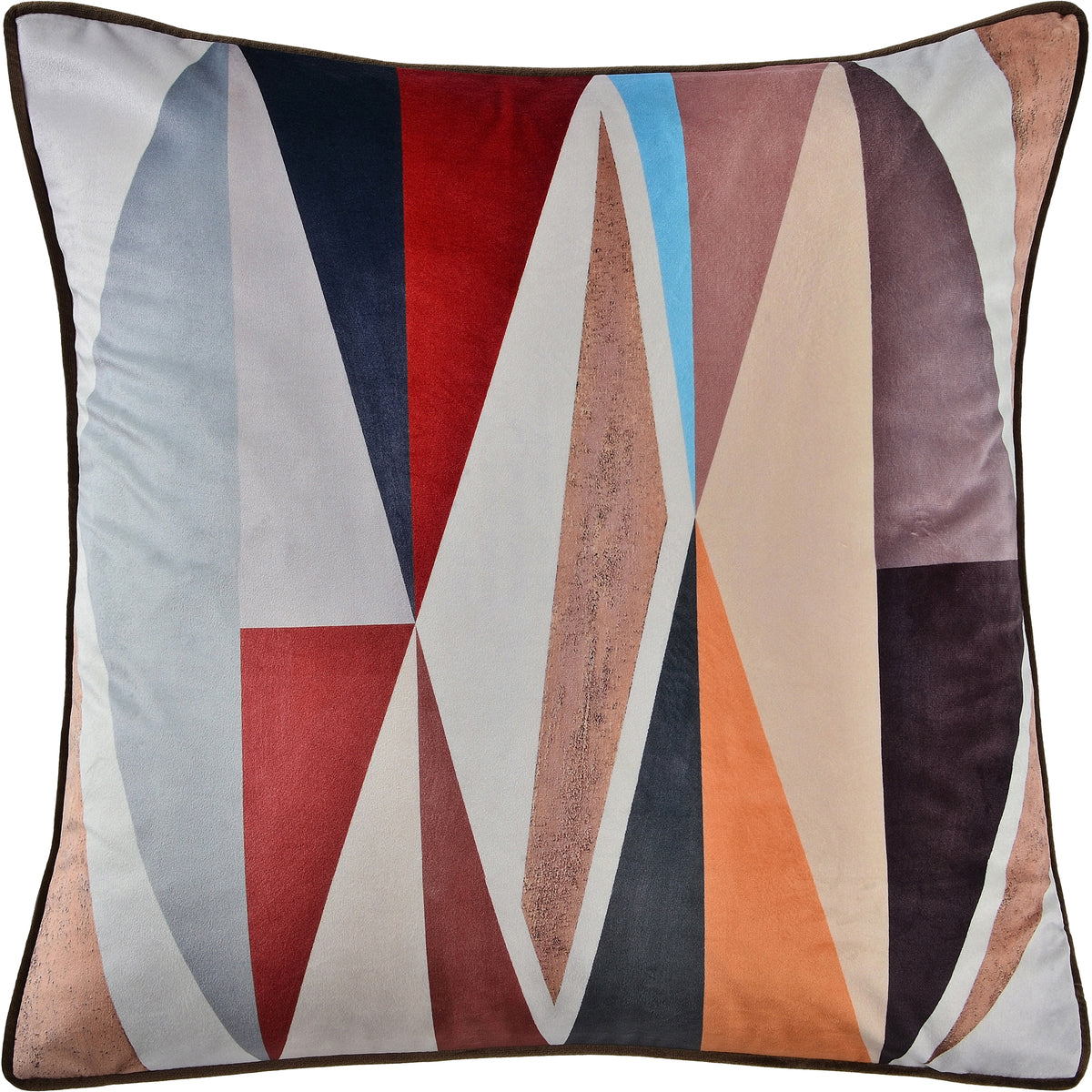 Michel Indoor Pillow featuring geometric patterns in red, blue, and beige tones.