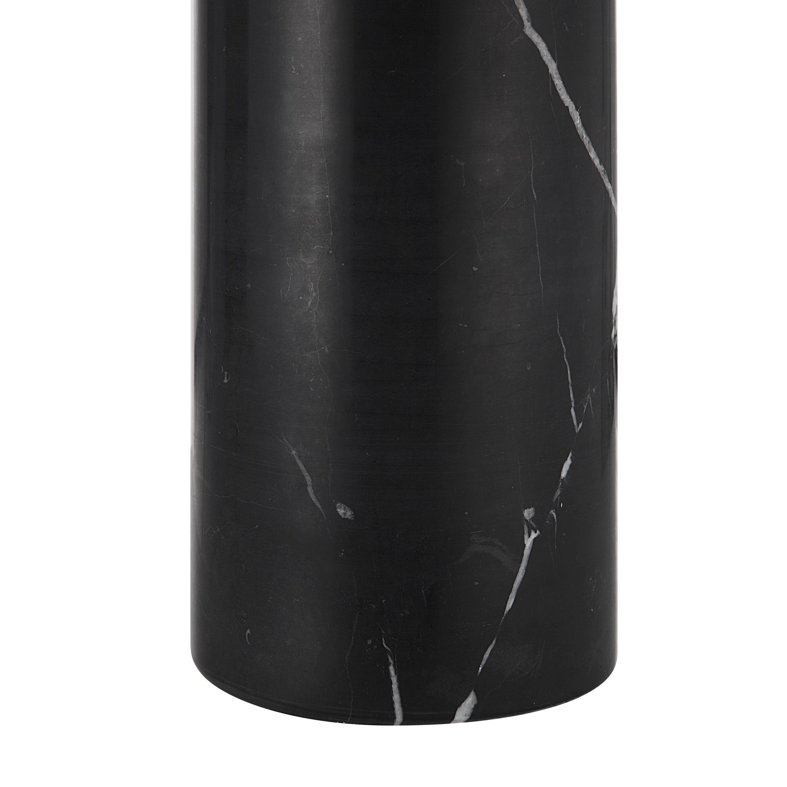 Tyne Table Lamp with black marble base and white fabric shade, front view.