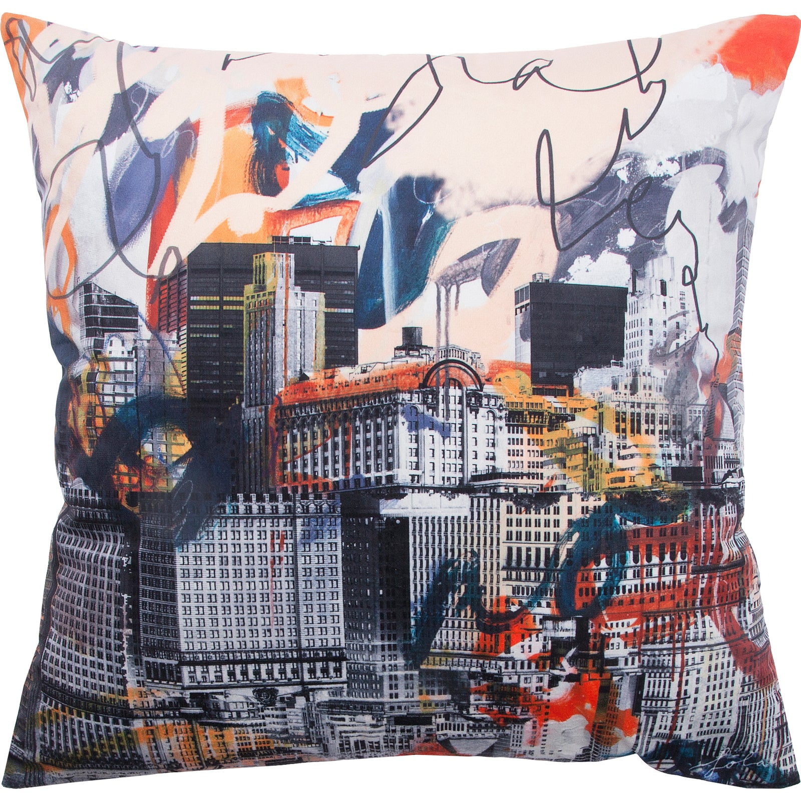 Corso indoor pillow featuring a vibrant cityscape design with abstract patterns and colorful brush strokes.