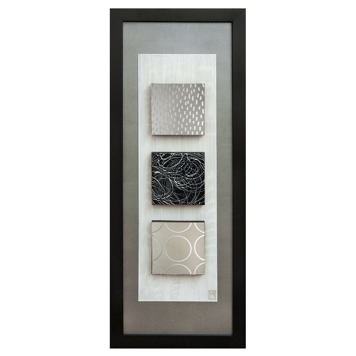 Reflections I Wall Art featuring three textured squares in silver and black, framed in a sleek black frame.
