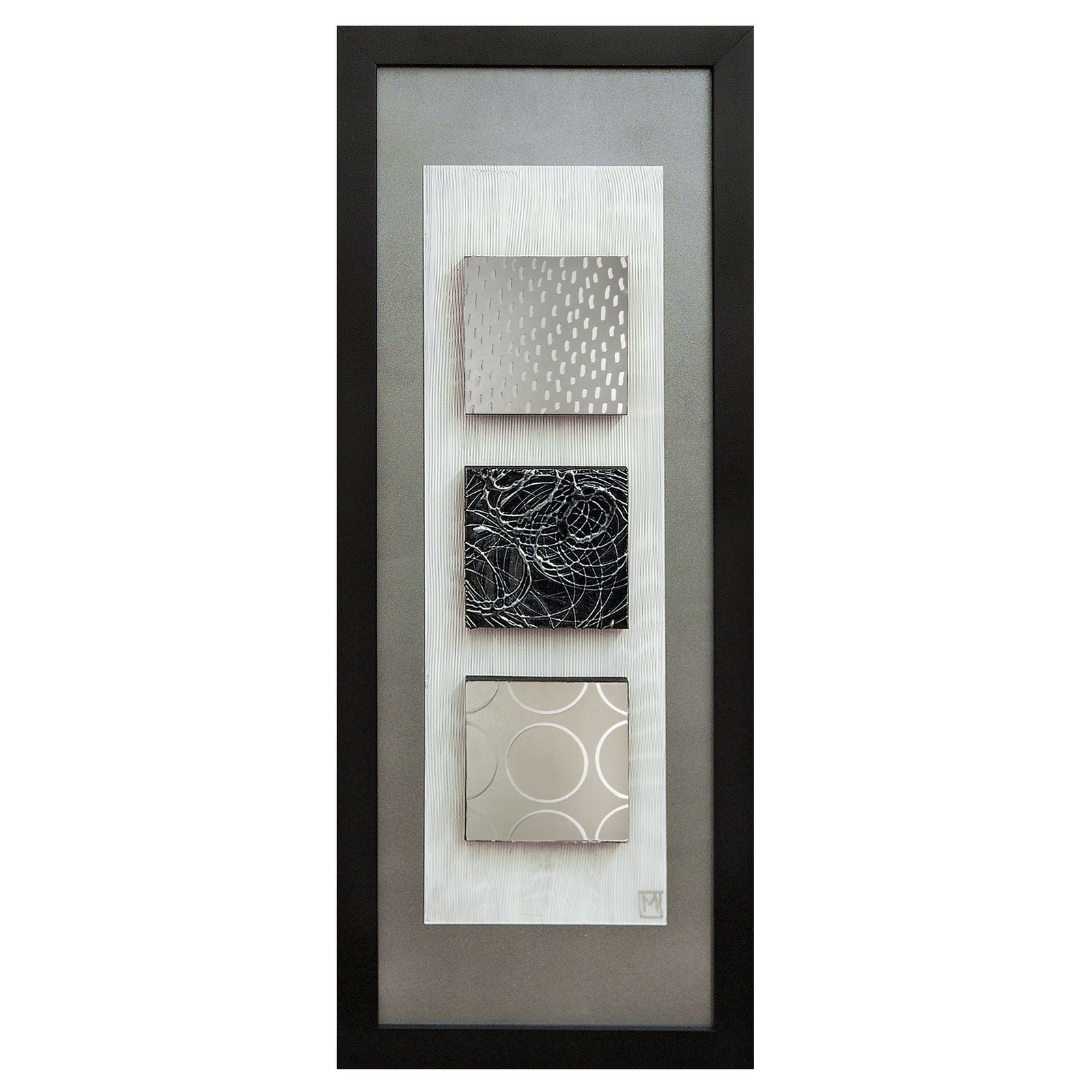Reflections I Wall Art featuring three textured squares in silver and black, framed in a sleek black frame.