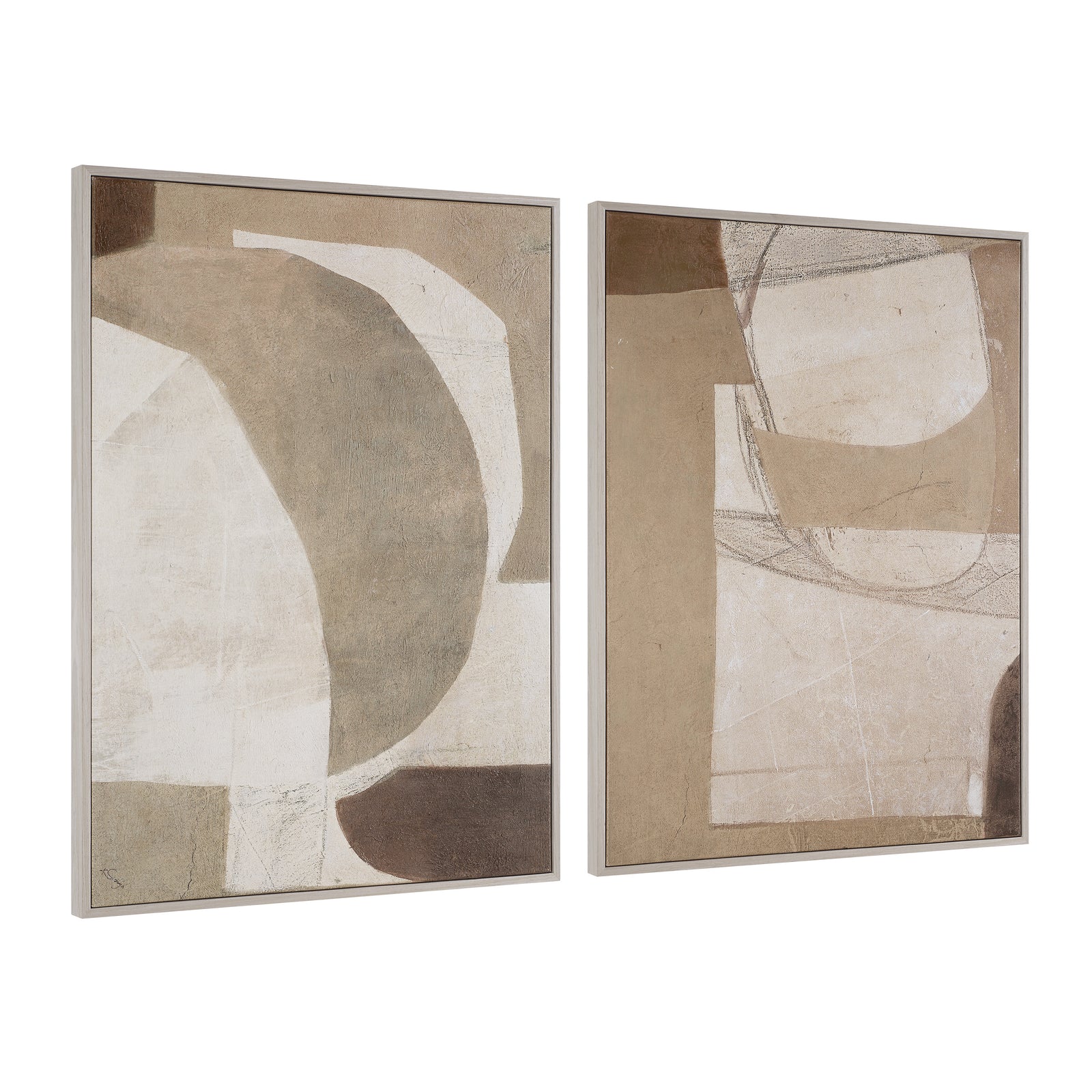 Alcea canvas art featuring abstract shapes in earthy tones, framed in light wood.