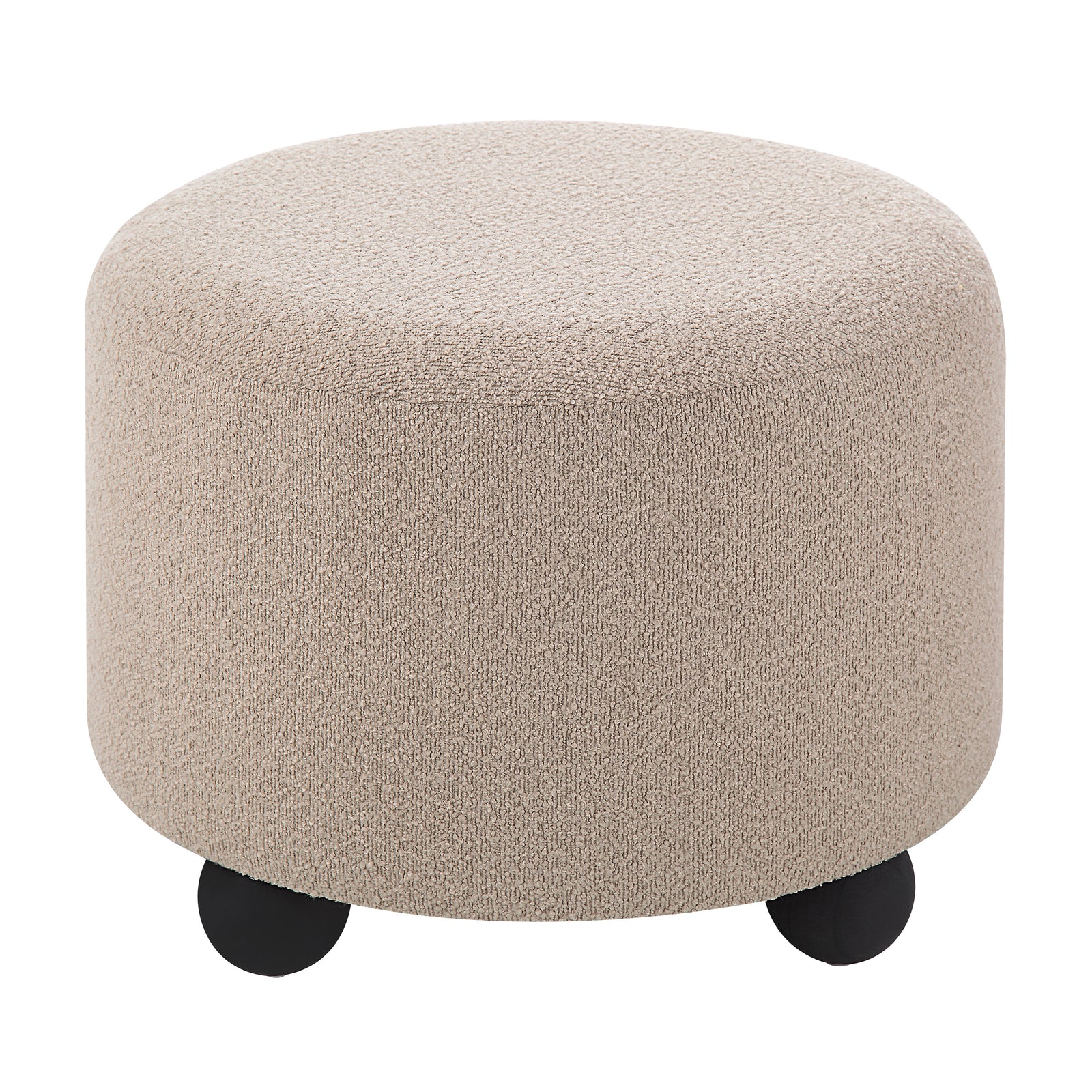 Claude Ottoman in beige fabric with round shape and black wooden legs