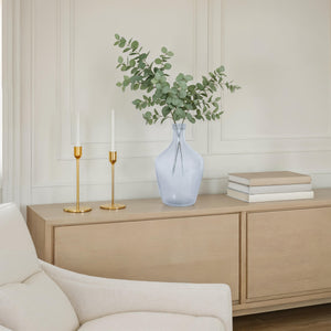 Mirabella vase styled on a wooden sideboard with eucalyptus and candles.