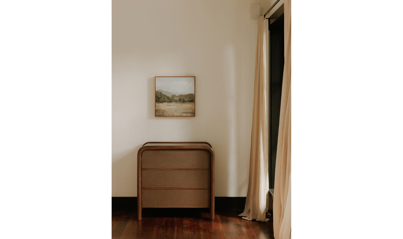 angle view of Rye 3 Drawer Chest Warm Brown luxury Nightstand