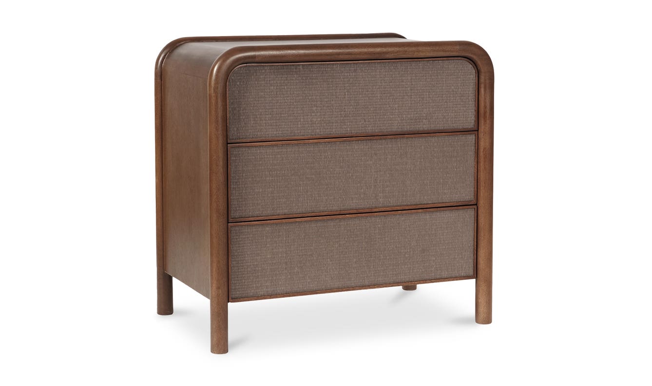 lifestyle view of Rye 3 Drawer Chest Warm Brown luxury Nightstand