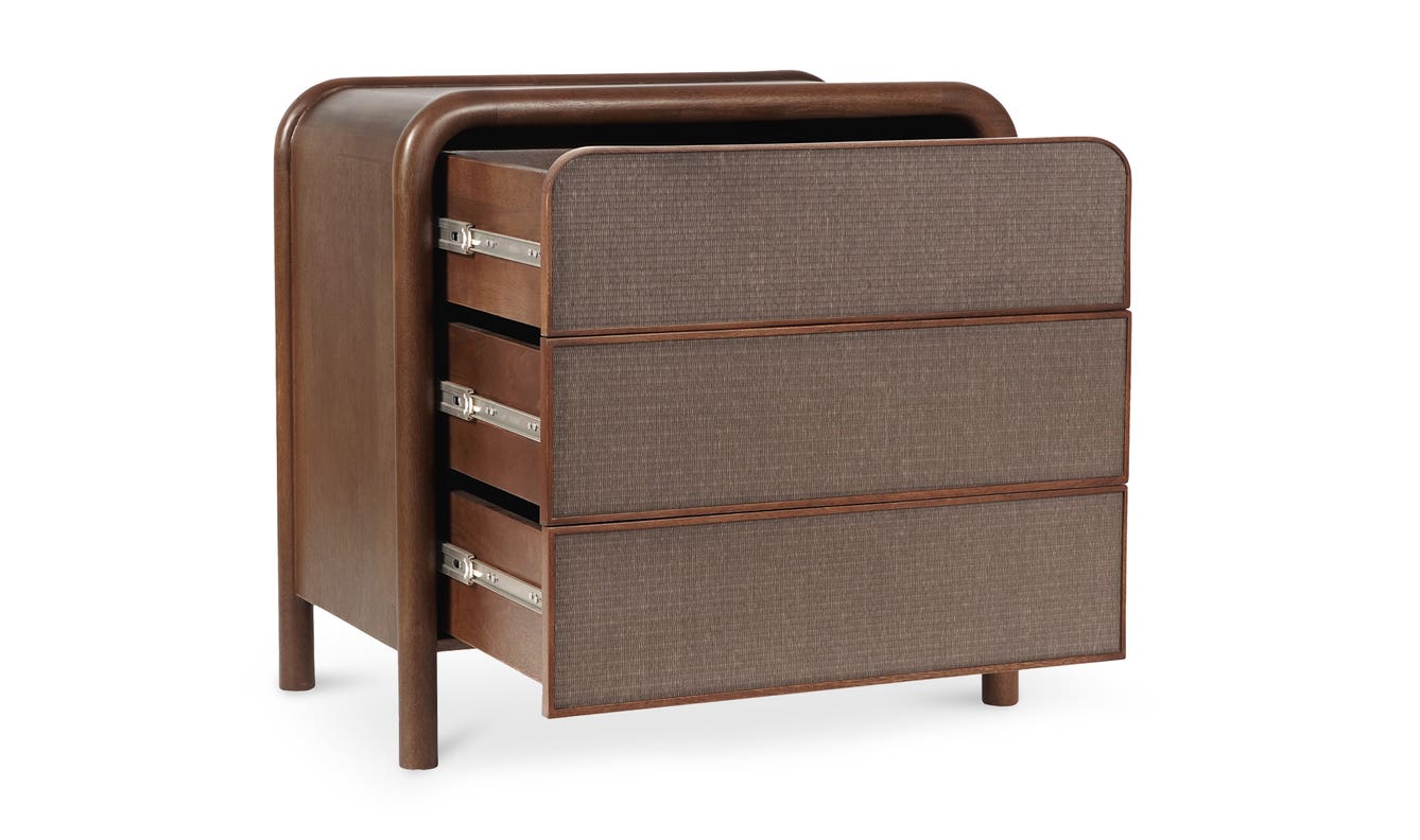 lifestyle view of Rye 3 Drawer Chest Warm Brown luxury Nightstand