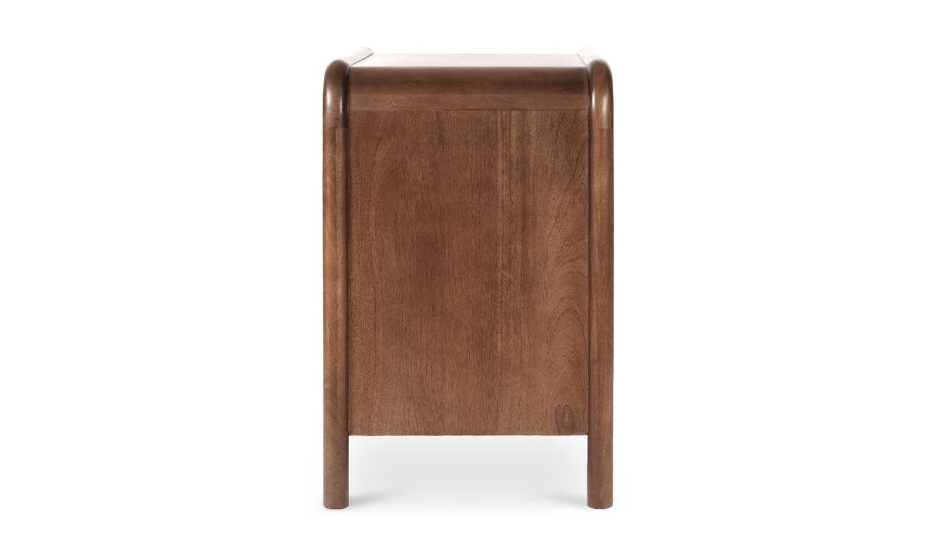 lifestyle view of Rye 3 Drawer Chest Warm Brown luxury Nightstand