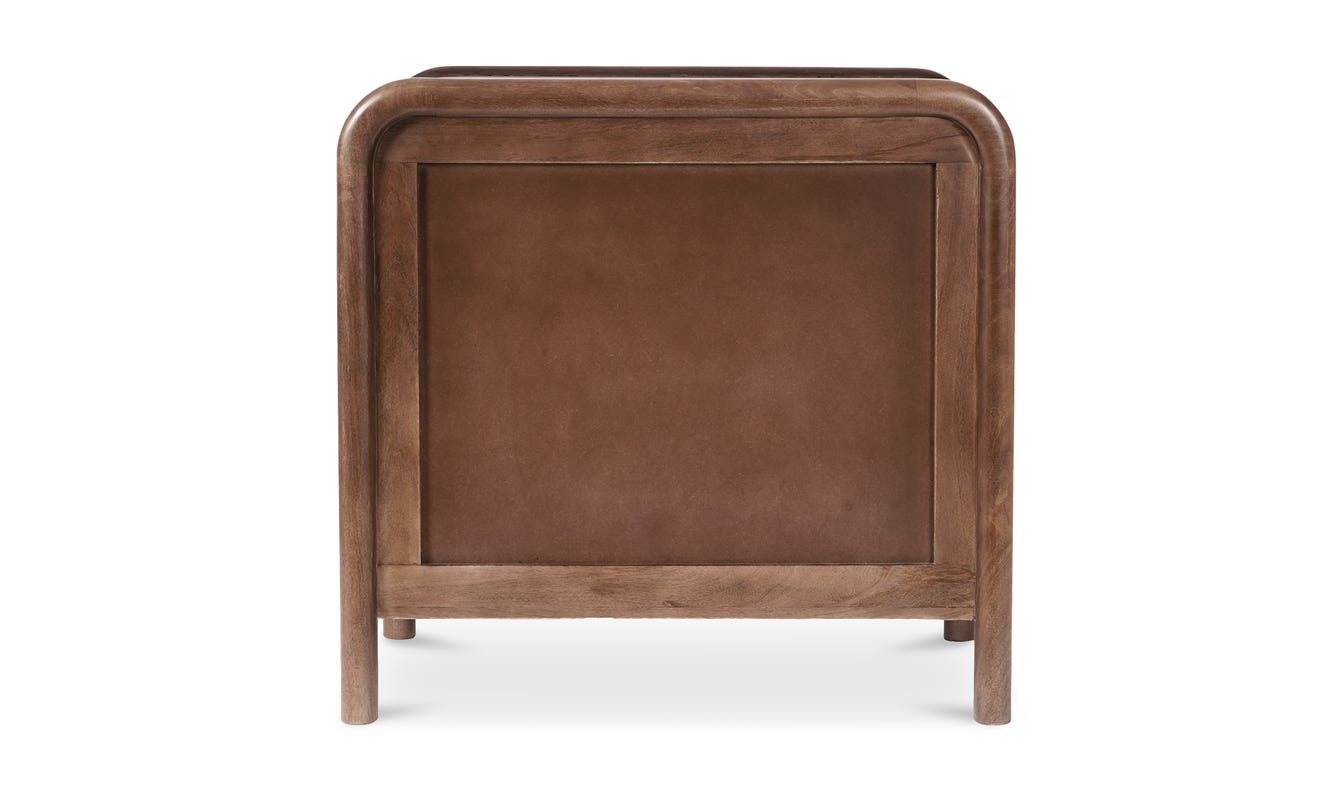 lifestyle view of Rye 3 Drawer Chest Warm Brown luxury Nightstand
