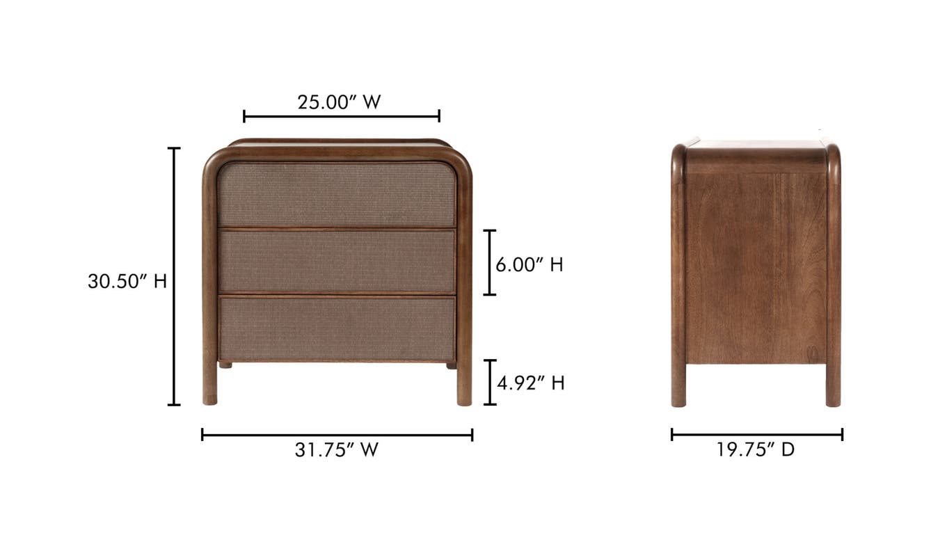 lifestyle view of Rye 3 Drawer Chest Warm Brown luxury Nightstand