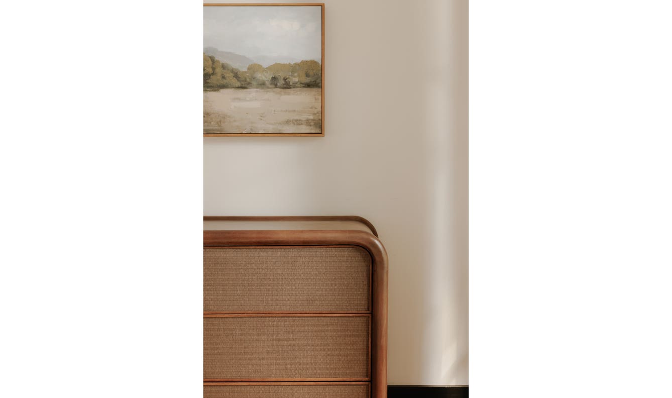 angle view of Rye 6 Drawer Dresser Warm Brown luxury Kitchen & Dining Room Table