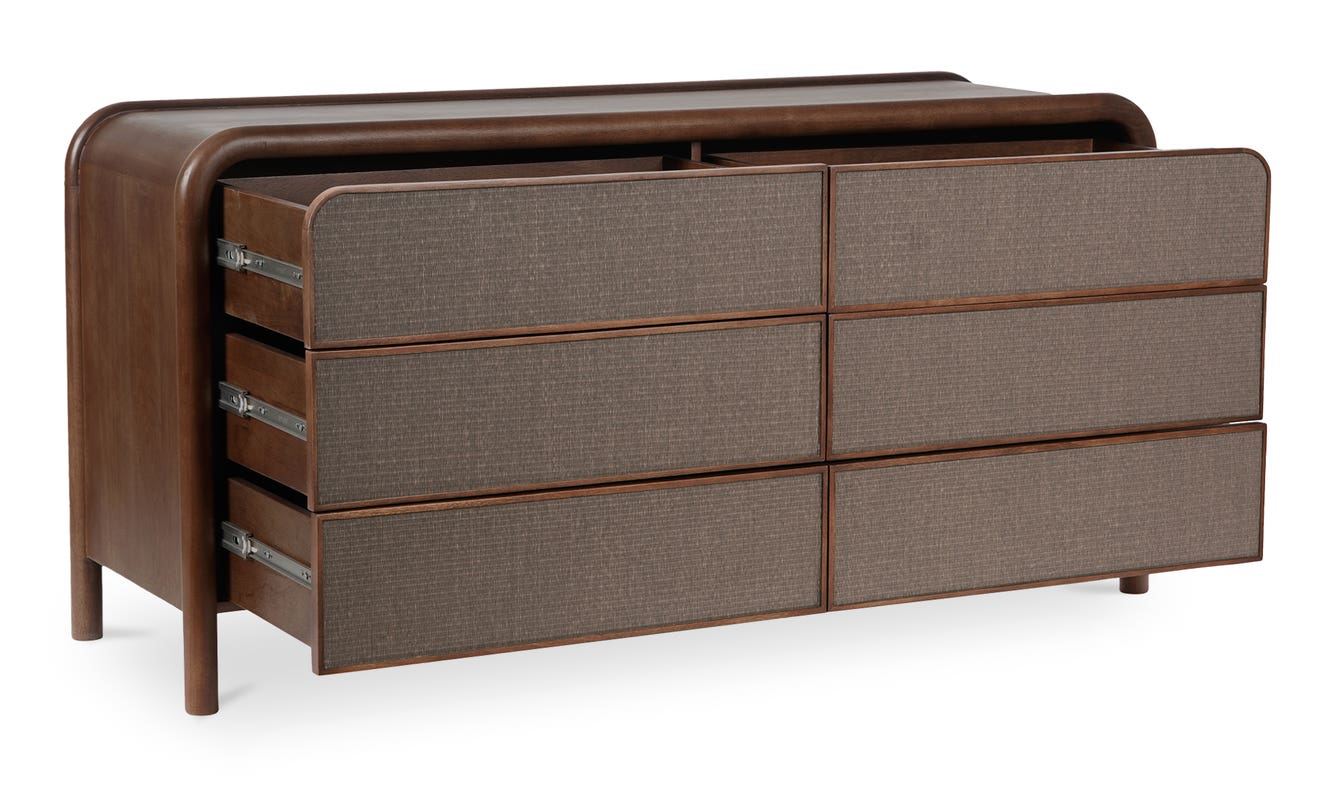 lifestyle view of Rye 6 Drawer Dresser Warm Brown luxury Kitchen & Dining Room Table