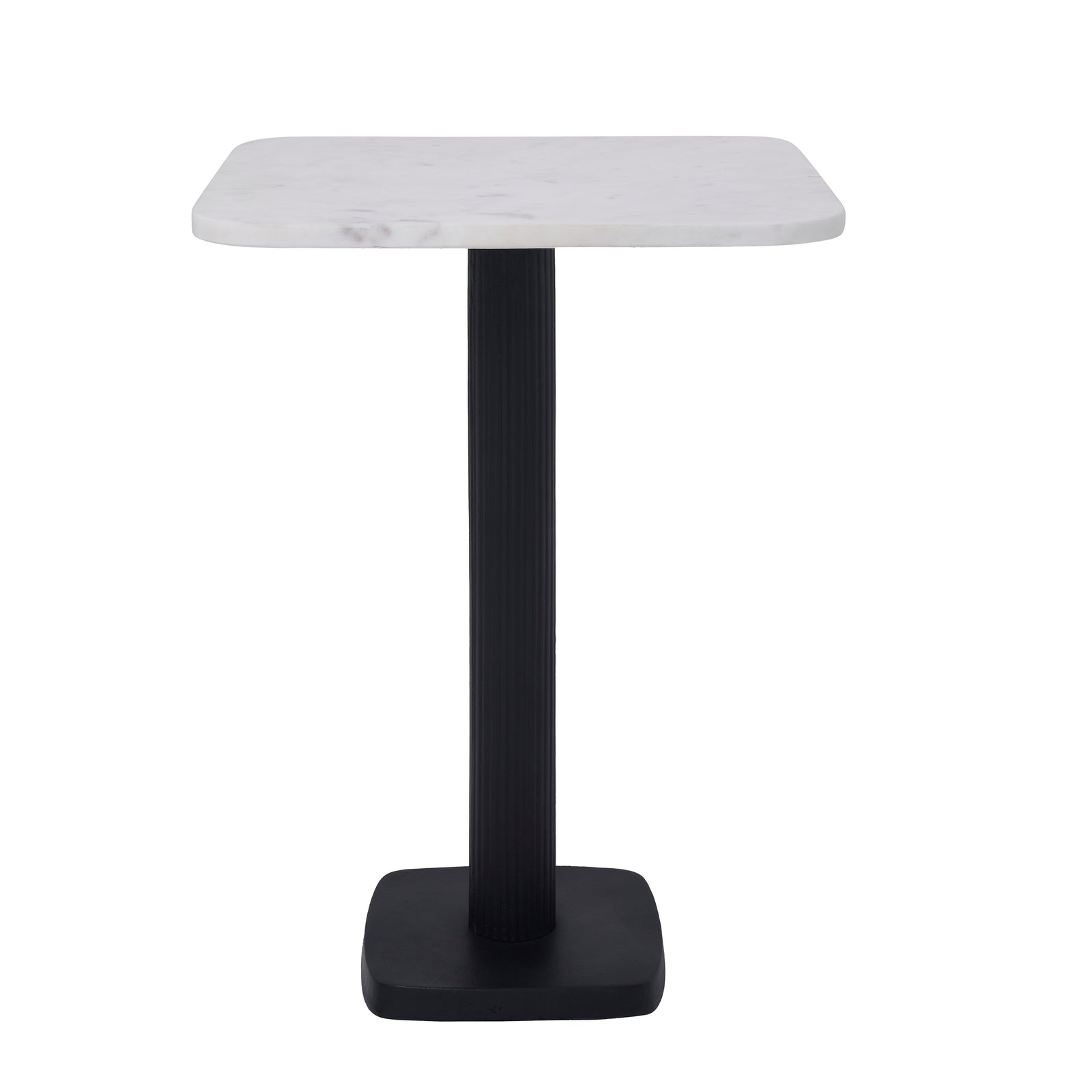 Laila Side Table with a square white marble top and black ribbed pedestal base.