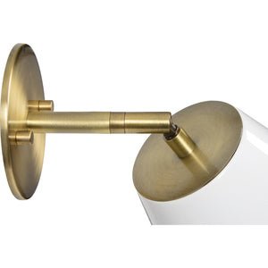 Kai Wall Sconce showing brass arm and white shade from above.