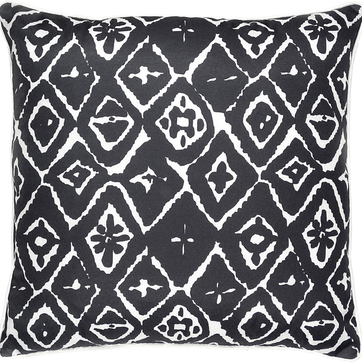 Angell Outdoor Pillow featuring a black and white geometric diamond pattern on a square shape, showcasing a modern design.