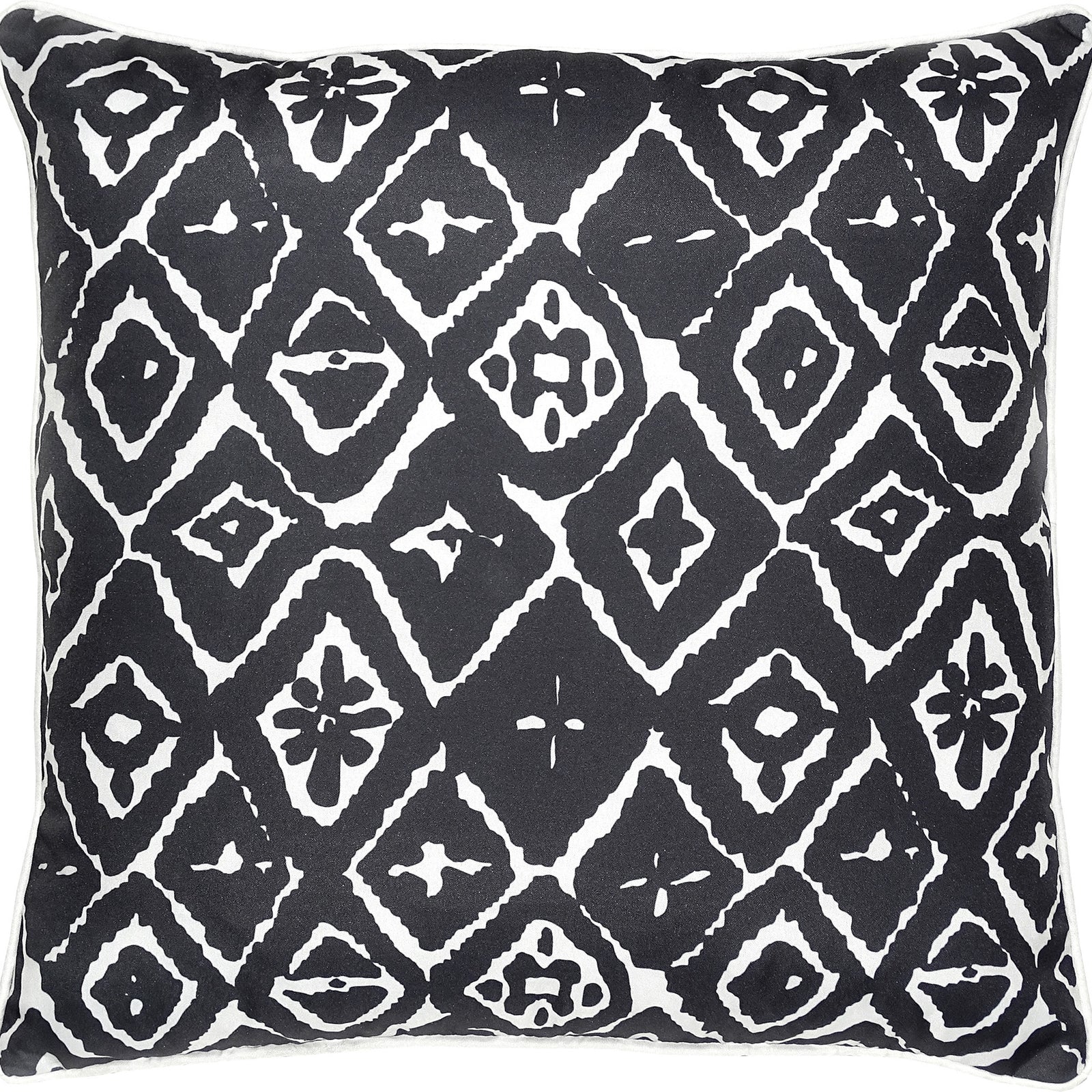 Angell Outdoor Pillow featuring a black and white geometric diamond pattern on a square shape, showcasing a modern design.