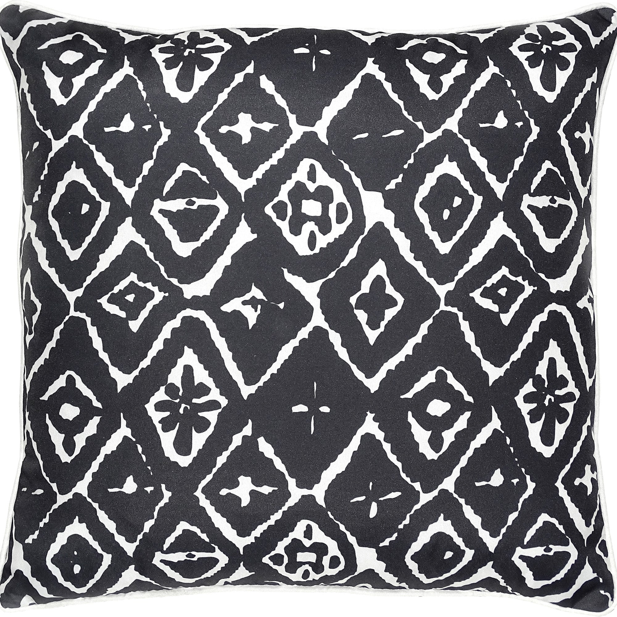 Angell Outdoor Pillow featuring a black and white geometric diamond pattern on a square shape, showcasing a modern design.