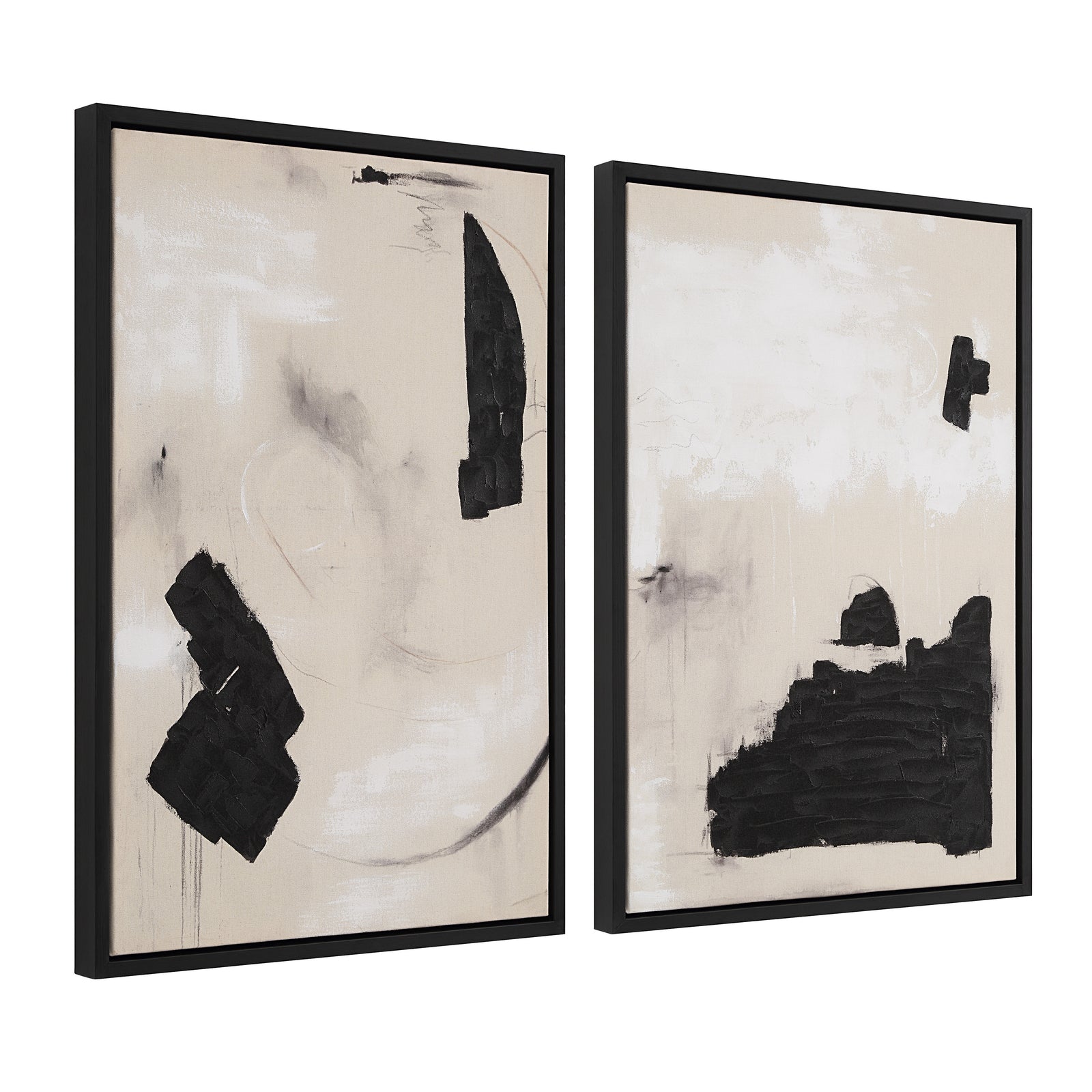 Asia Canvas Art featuring abstract black shapes on a beige background, framed in black.