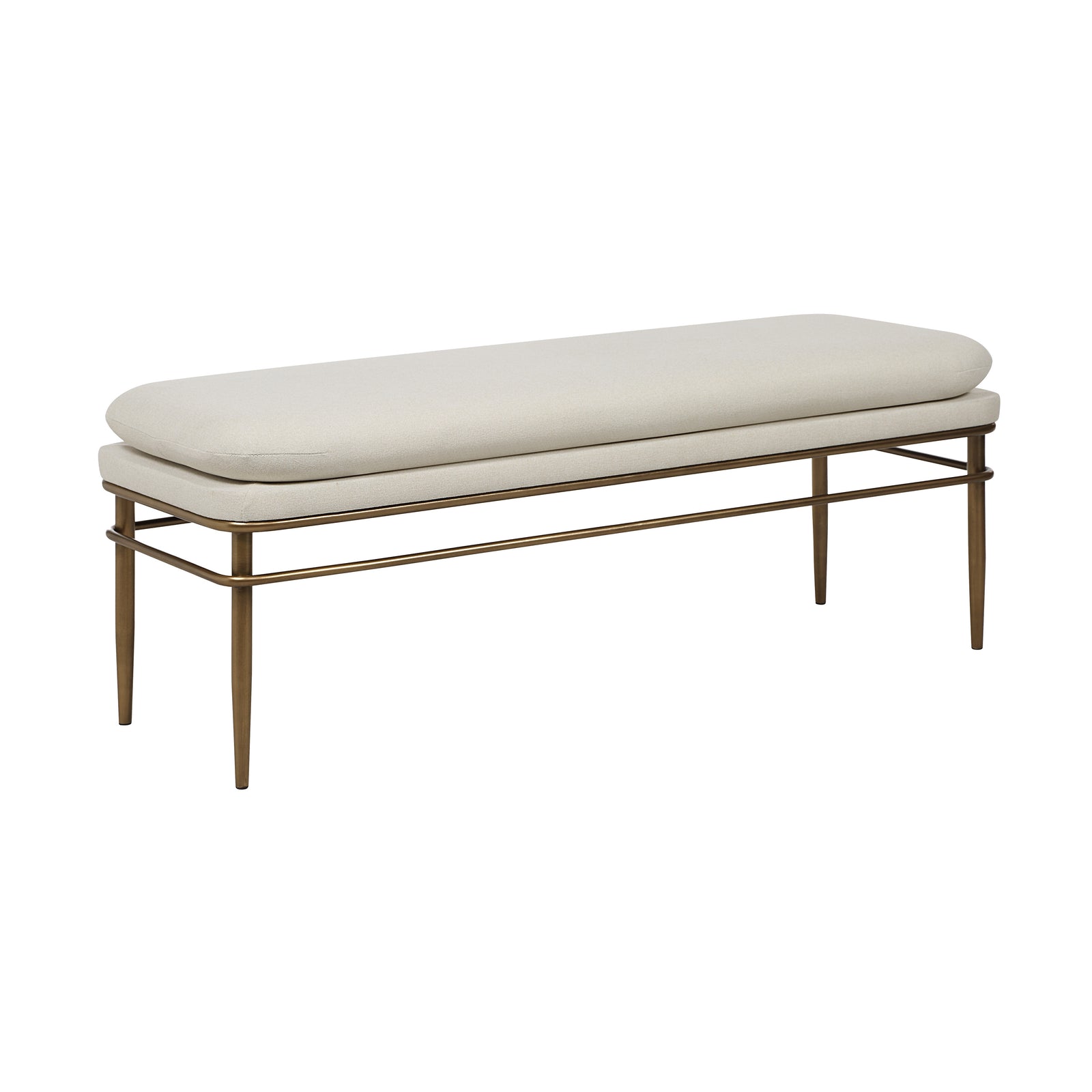Paredes 18.0" Height Bench with cream fabric cushion and gold metal legs, front view.