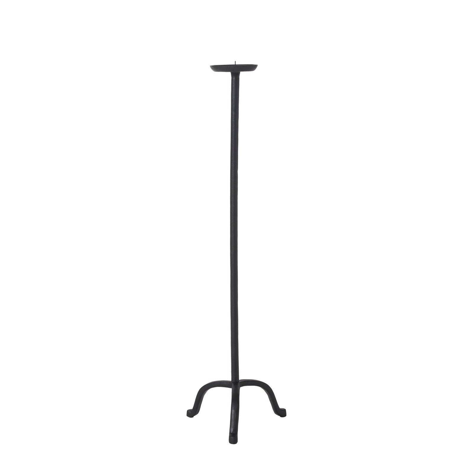 Agra candle holder in black metal with a tall, slender design and a three-legged base.