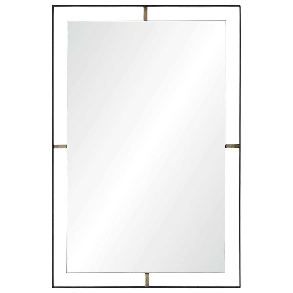 Heston Wall Mirror with a sleek black frame and gold accents, reflecting light.