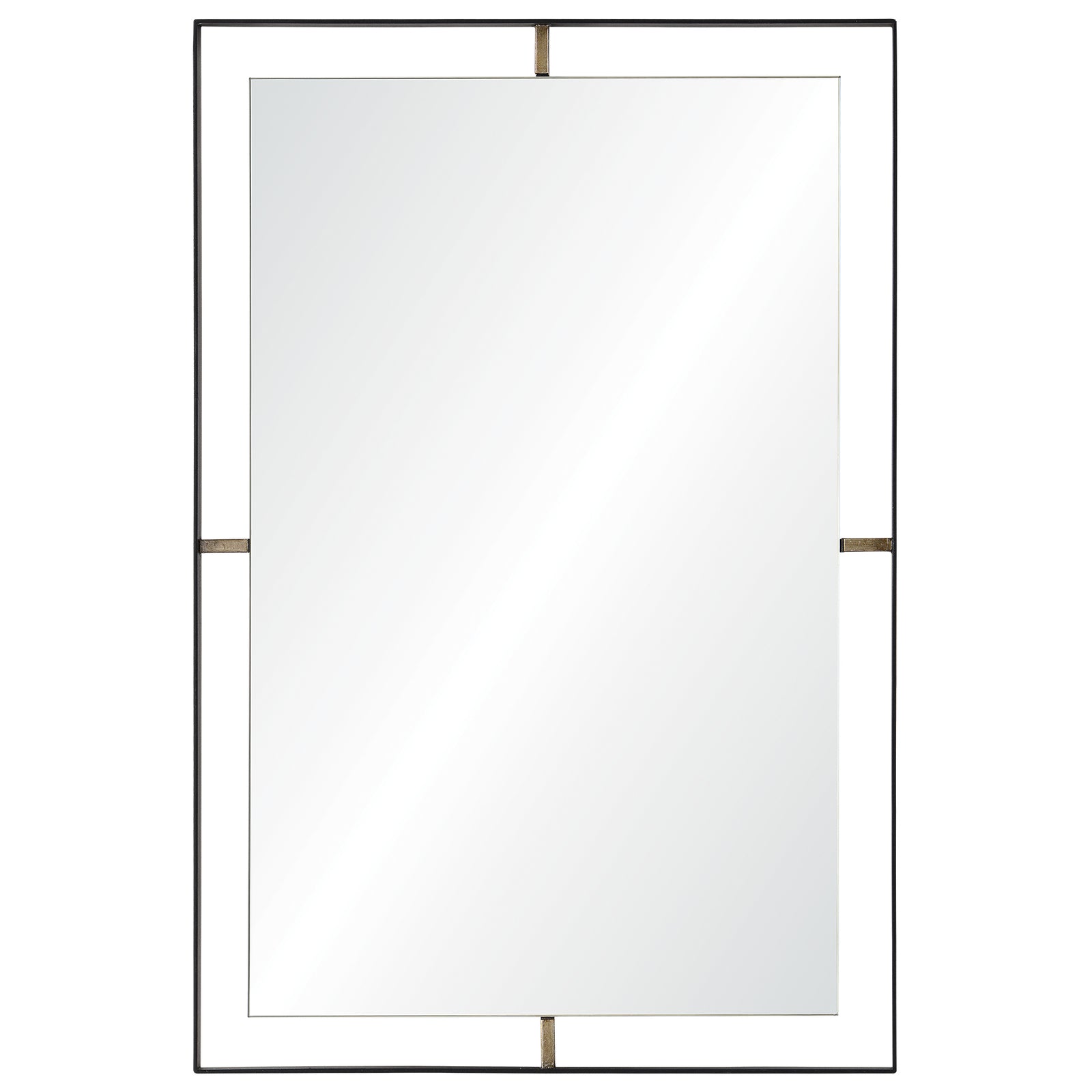 Heston Wall Mirror with a sleek black frame and gold accents, reflecting light.