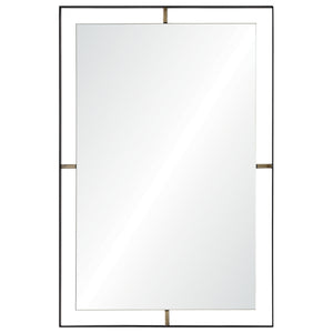 Heston Wall Mirror with a sleek black frame and gold accents, reflecting light.