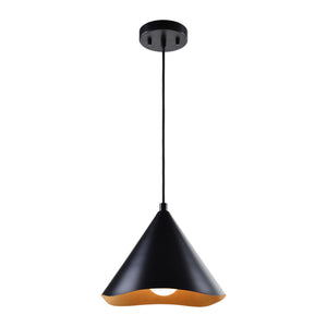 Cinder Ceiling Fixture in black with gold lining, conical shape, hanging from ceiling mount.