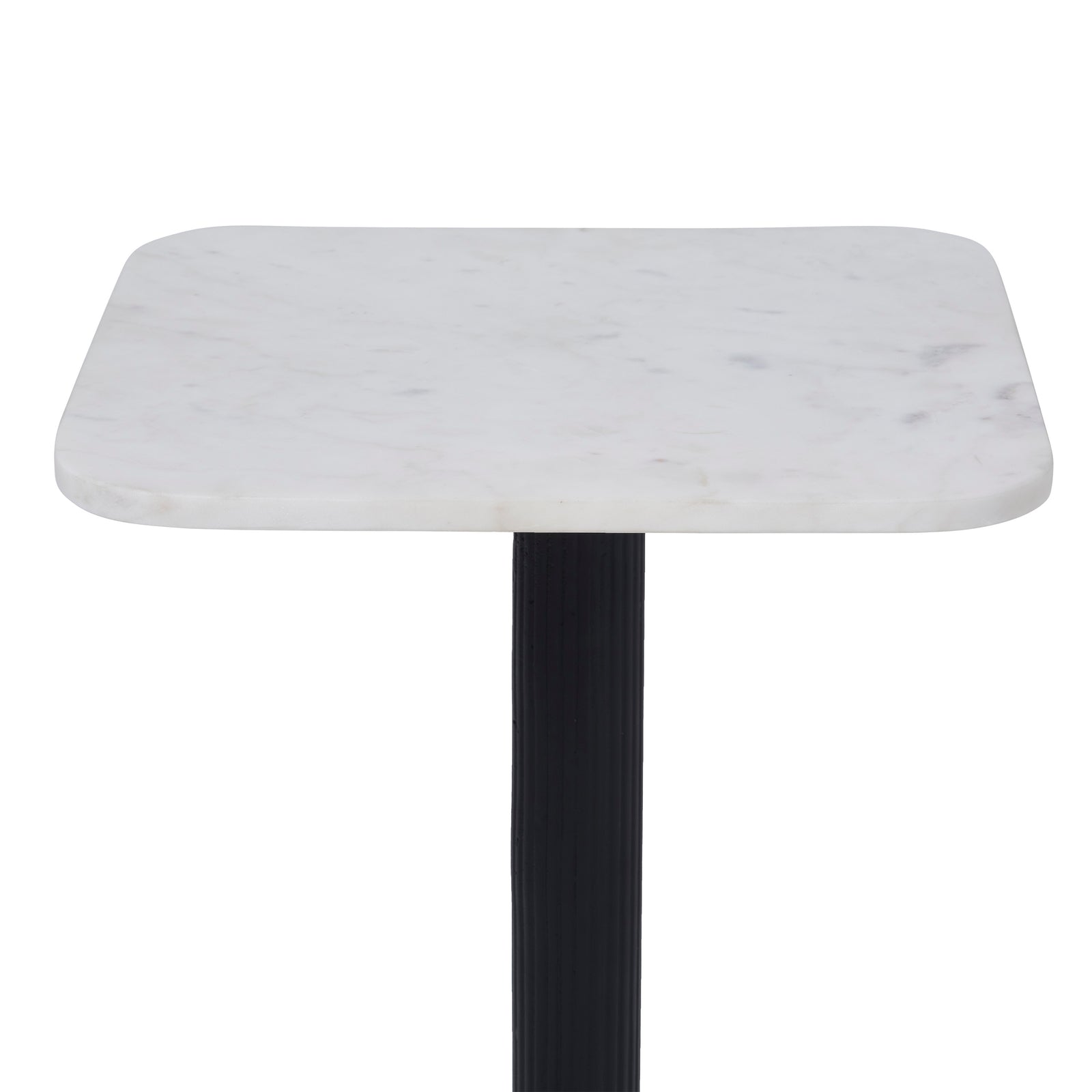 Laila Side Table with a square white marble top and black ribbed pedestal base.