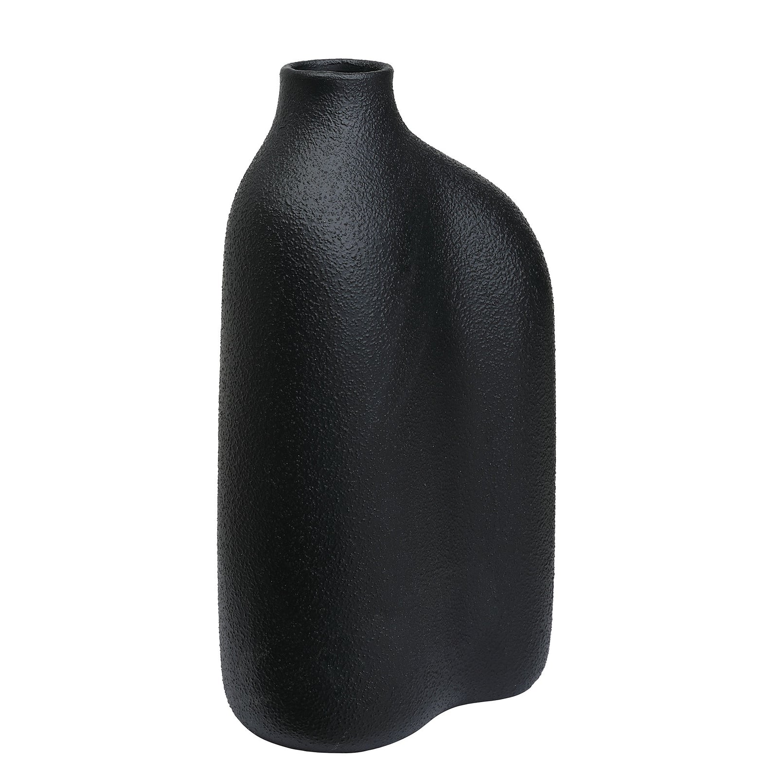 Challenger Vase by Renwil in textured black finish, showcasing a unique curved silhouette.