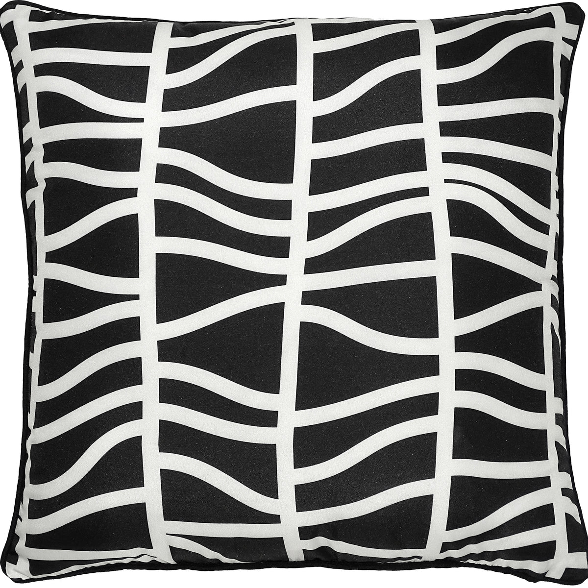 Fieldfare Outdoor Pillow in black and white with a wavy line pattern, square shape.