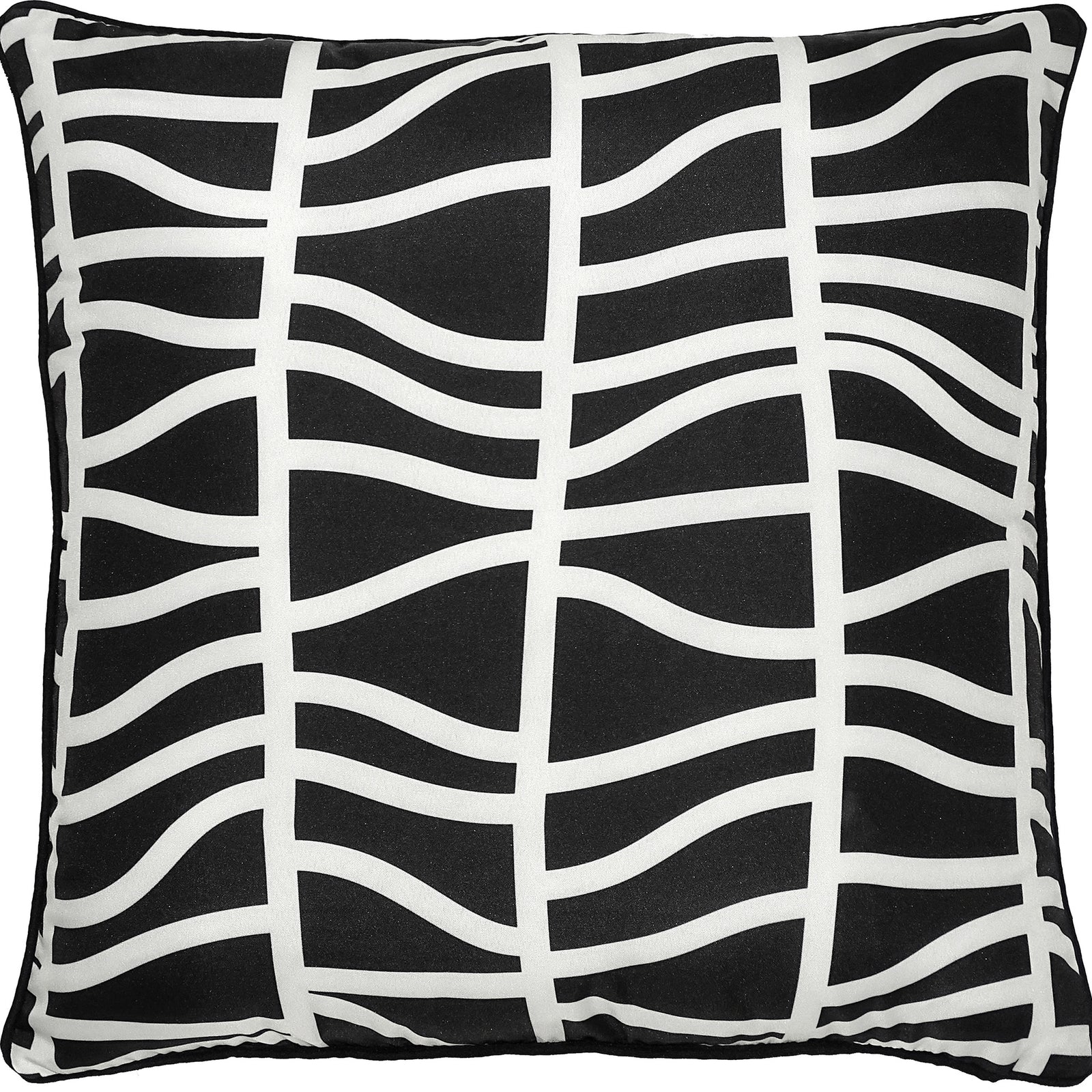 Fieldfare Outdoor Pillow in black and white with a wavy line pattern, square shape.
